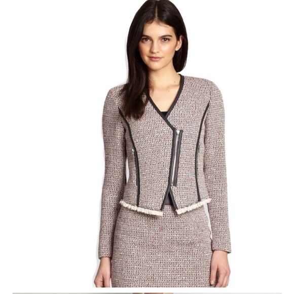 Rebecca Taylor cotton blend Front Zip Fringe Trim Tweed Jacket Red Combo Size 2 - Picture 1 of 9